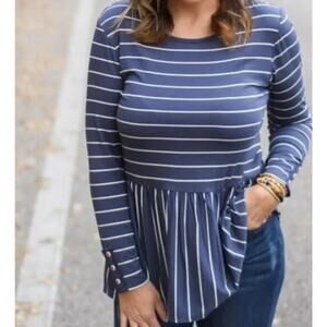 Matilda Jane Navy Stripe Peplum Button Sleeve Top – L (NWOT) 29670T